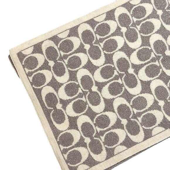 COACH Classic Silver & Cream Monogram C Logo Wool Blend Pre-owned Scarf - Picture 5 of 13